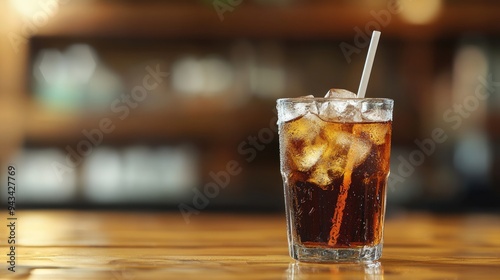 Ice-cold cola in a glass with a straw and condensation on a wooden table