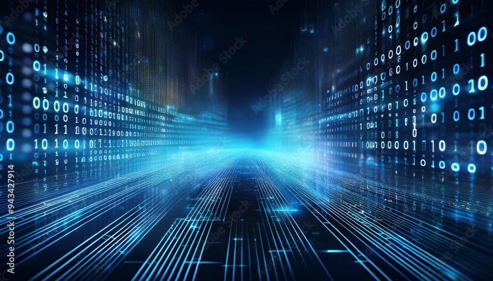 blue digital binary code numbers concept on blurred night background; with lighting effect; data encryption blue digital binary code numbers concept on blurred night background; with lighting effect; data encryption