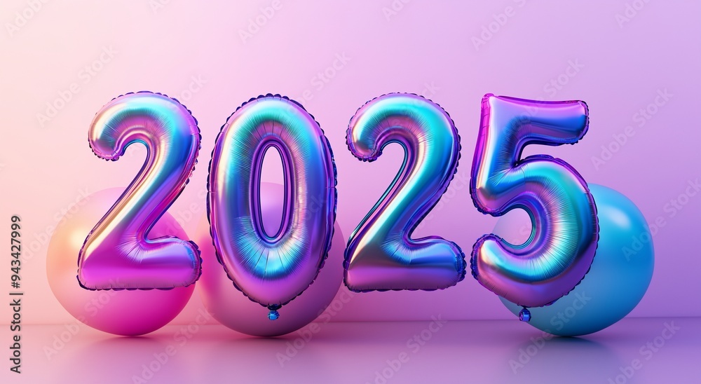 New Year 2025 text in a metallic holographic with balloons on pink background New Year 2025 text in a metallic holographic with balloons on pink background