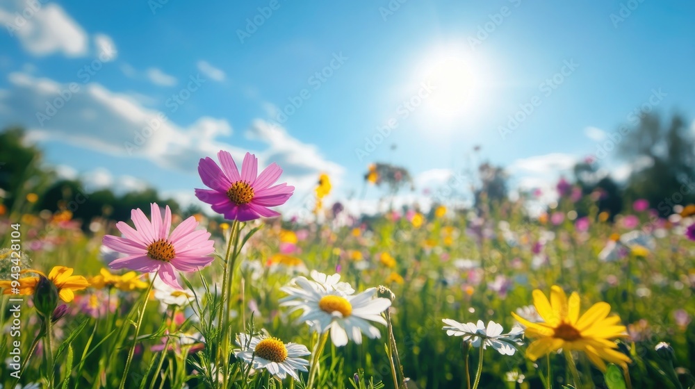 Meadow filled with blooming wildflowers under a bright summer sun Meadow filled with blooming wildflowers under a bright summer sun