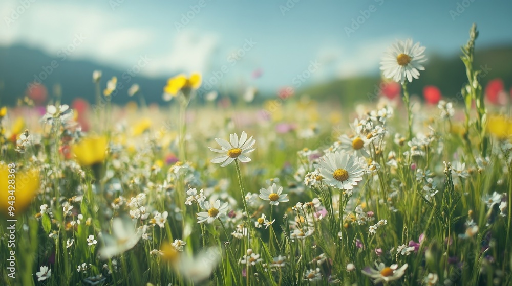 Meadow filled with wildflowers in full bloom, showcasing a variety of colors Meadow filled with wildflowers in full bloom, showcasing a variety of colors