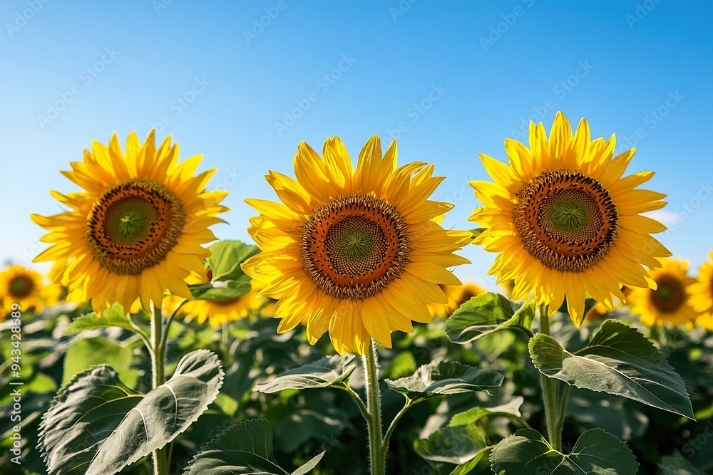 A vibrant field of sunflowers, each flower facing the sun under a clear blue sky A vibrant field of sunflowers, each flower facing the sun under a clear blue sky