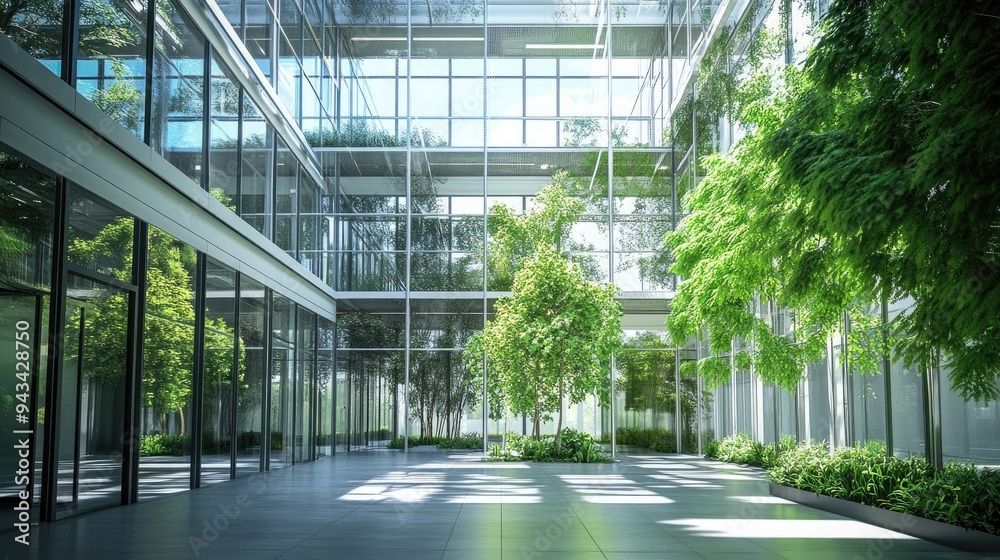 Naklejka premium Modern glass and steel office building with an open atrium and greenery inside