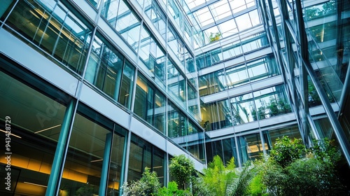 Modern glass and steel office building with an open atrium and greenery inside