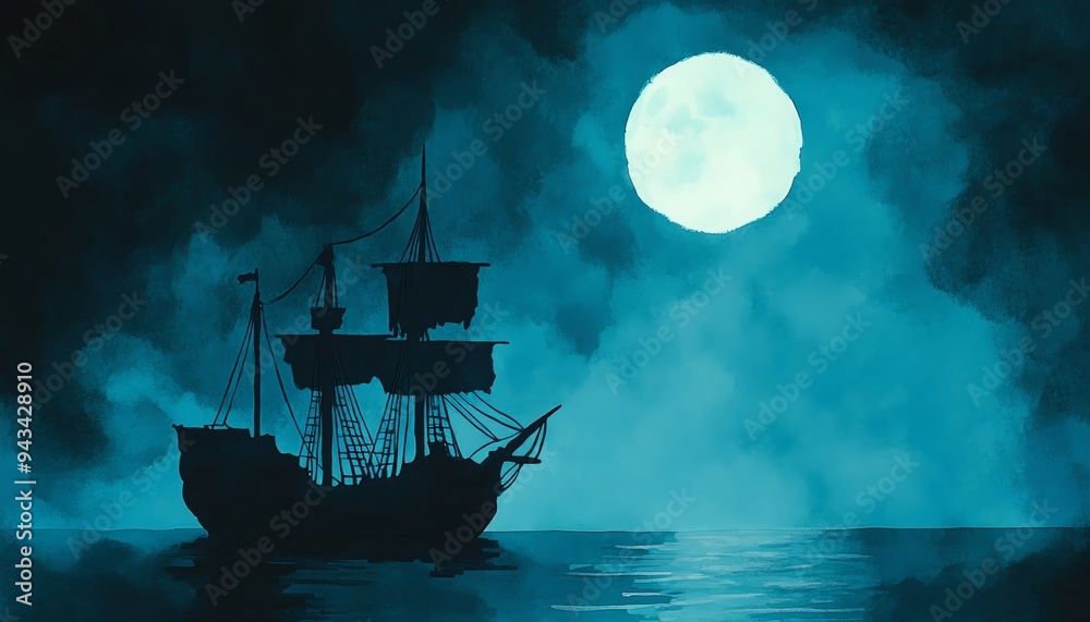 A haunting silhouette of a ship sailing under a luminous moon, surrounded by misty waters and an ethereal night atmosphere. A haunting silhouette of a ship sailing under a luminous moon, surrounded by misty waters and an ethereal night atmosphere.