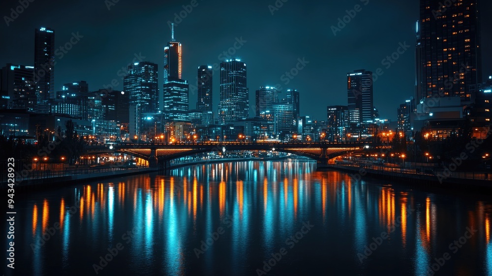 Obraz premium Night view of a lit-up bridge and adjacent skyline in a modern metropolis