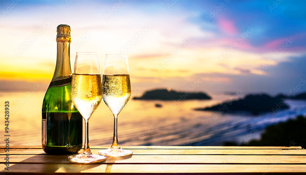 Champagne bottle on a beach table with two champagne glasses at sunset, perfect for a summer couple. Champagne bottle on a beach table with two champagne glasses at sunset, perfect for a summer couple.