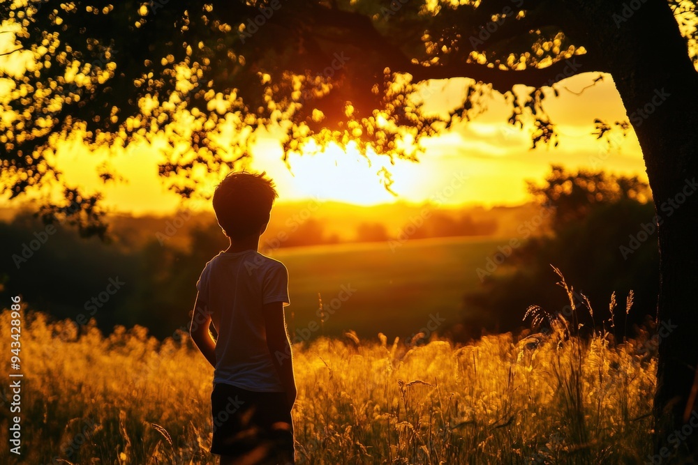 A child stands in a golden field near a tree, gazing at the setting sun, capturing a moment of wonder, innocence, and the serene beauty of nature. A child stands in a golden field near a tree, gazing at the setting sun, capturing a moment of wonder, innocence, and the serene beauty of nature.