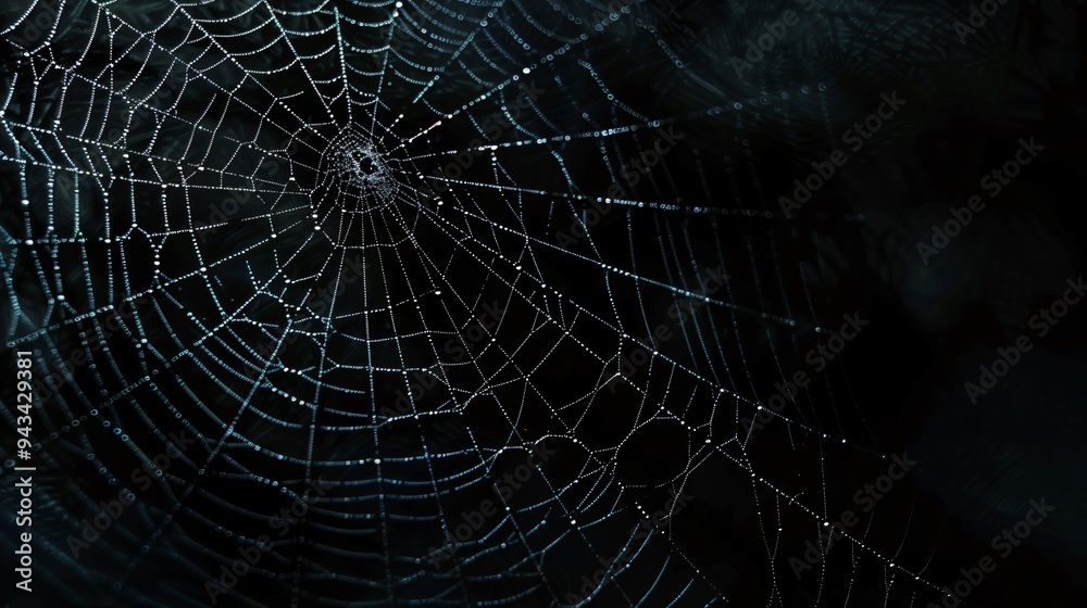 Spider web with dew drops closeup on dark background. Halloween concept. Spider web with dew drops closeup on dark background. Halloween concept.