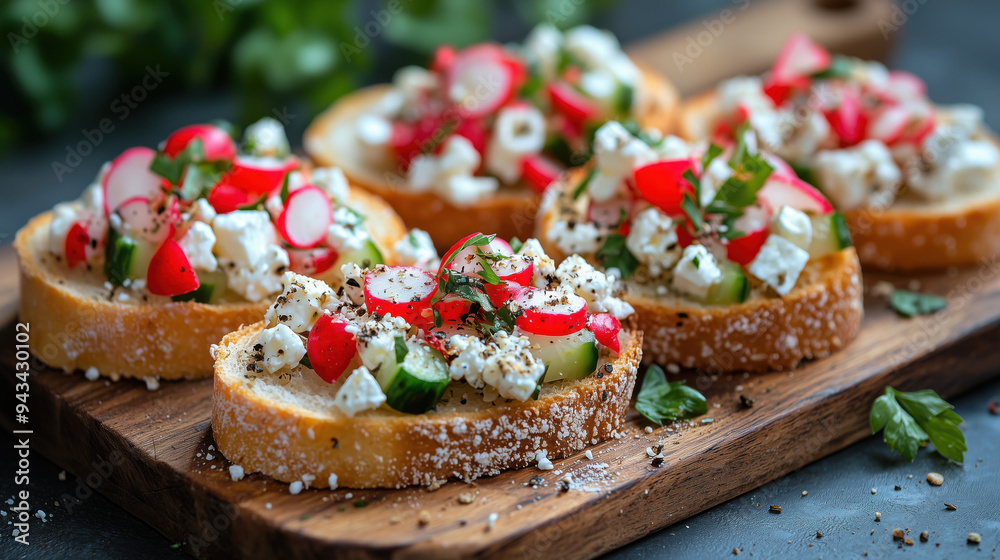 Radish bruschetta with feta cheese and cucumber closeup view Radish bruschetta with feta cheese and cucumber closeup view