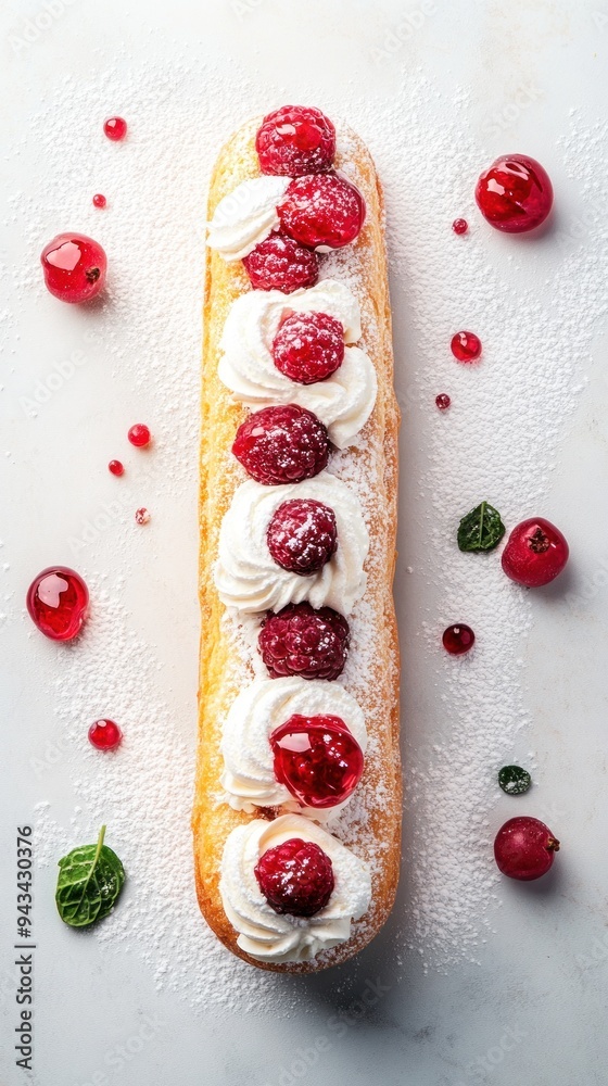 A long, thin pastry, covered in whipped cream and topped with fresh raspberries and powdered sugar, with red currants and mint leaves scattered around. A long, thin pastry, covered in whipped cream and topped with fresh raspberries and powdered sugar, with red currants and mint leaves scattered around.