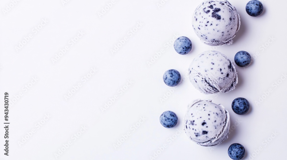 Three scoops of ice cream with blueberries on a light background. Three scoops of ice cream with blueberries on a light background.