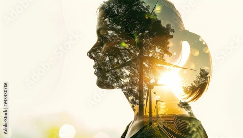 Double Exposure of Woman and Cityscape of the silhouette profile and an urban skyline with green trees, symbolizing sustainability in business practices.