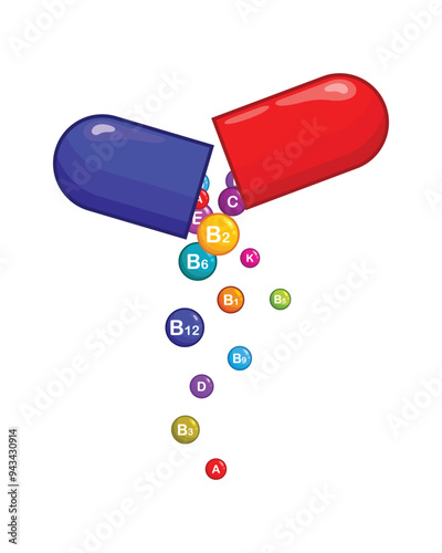 A tablet with a vitamin complex, a pill from which vitamin balls A, B, C, and others fall out.