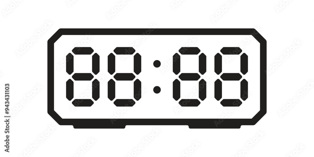 Digital clock icon, black seven-segment display, isolated on white background, vector illustration. Digital clock icon, black seven-segment display, isolated on white background, vector illustration.