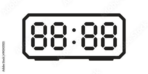 Digital clock icon, black seven-segment display, isolated on white background, vector illustration.