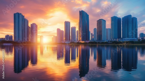 Skyscrapers along a river with reflections in the water during sunset