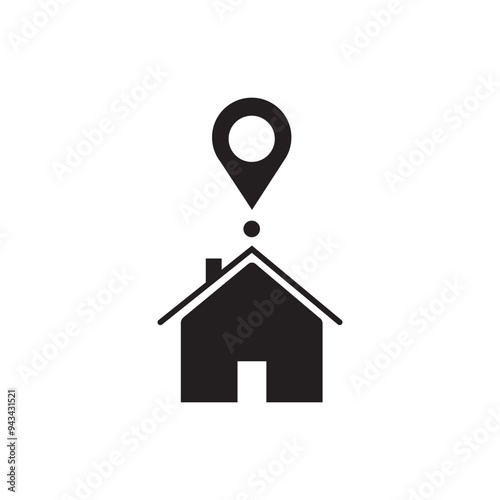 House location icon, silhouette symbol, house with location icon on top.