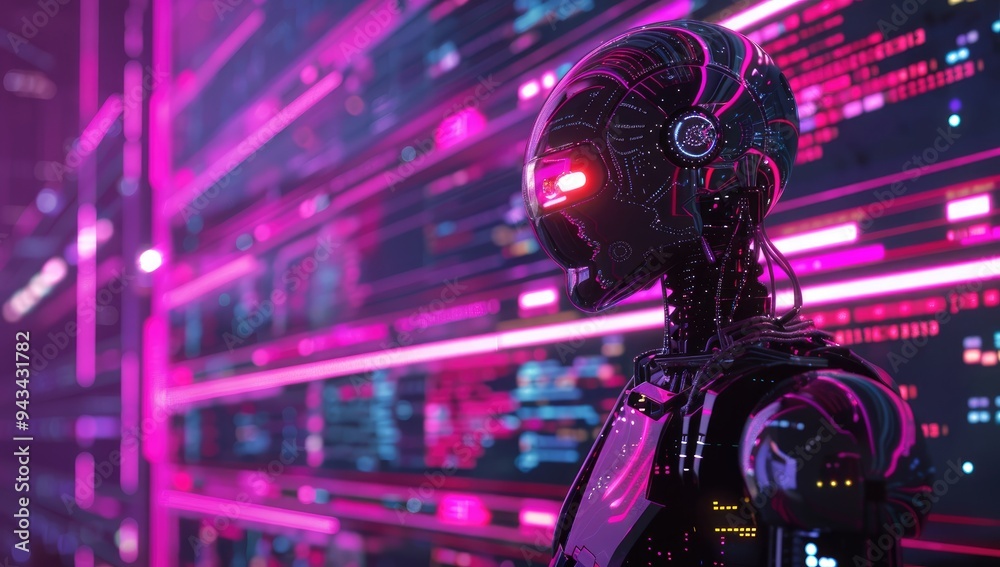 A futuristic robot surveying data center glowing server racks stretching endlessly stands in front of an array of digital screens displaying data and code, representing the next wave of AI technology. A futuristic robot surveying data center glowing server racks stretching endlessly stands in front of an array of digital screens displaying data and code, representing the next wave of AI technology.