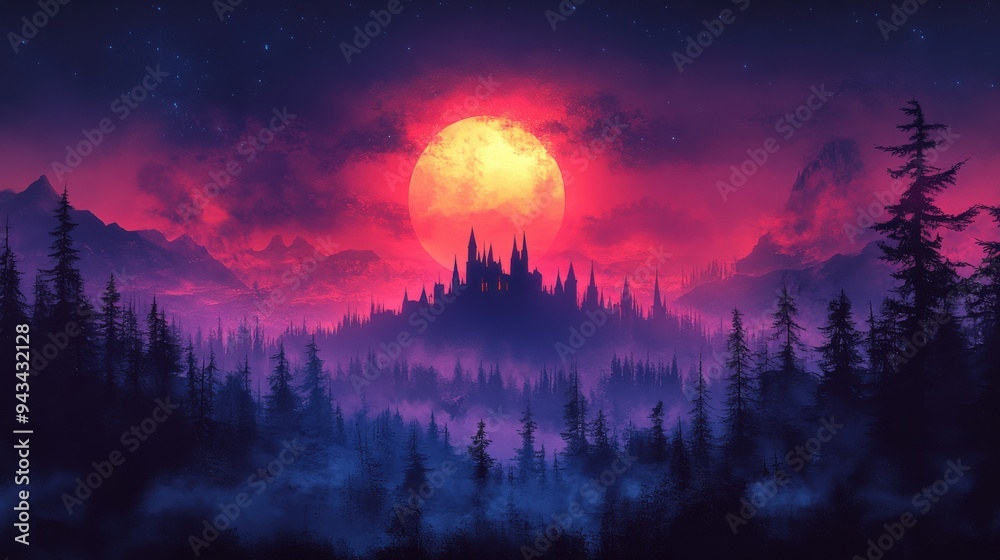 Halloween Background in minimal concept. Spooky castle, pastel sunset tones, flat design illustration, No logo, No Trademark, No text, minimal concept with copy space for stock photo