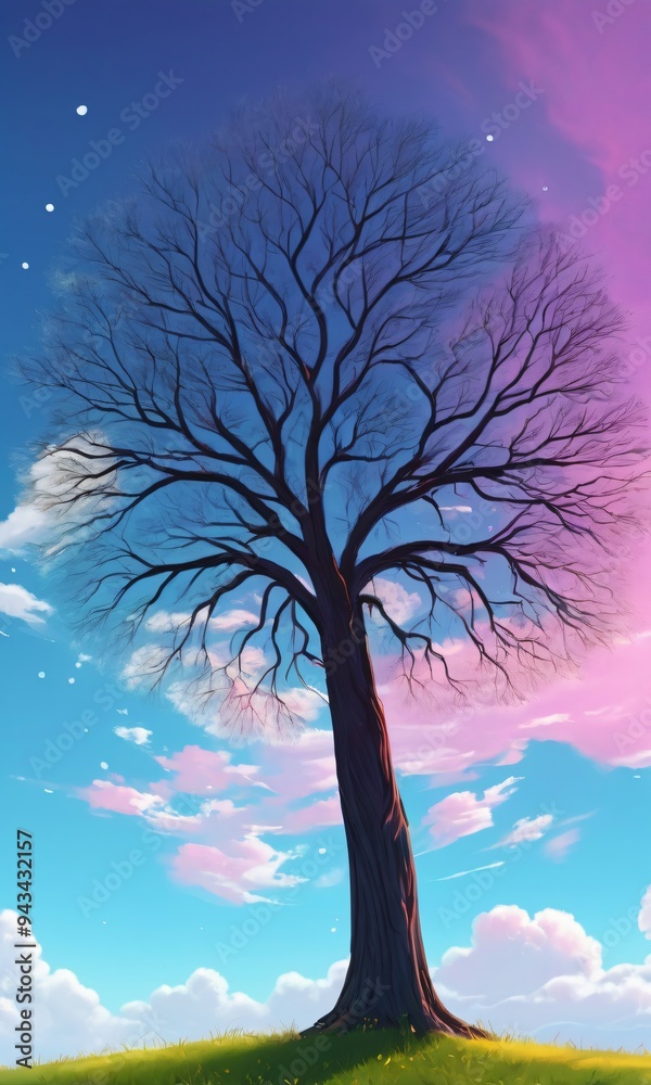 solitary tree with bare branches, pink and blue sky with clouds, and a peaceful atmosphere solitary tree with bare branches, pink and blue sky with clouds, and a peaceful atmosphere