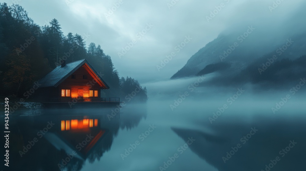 Fototapeta premium A glowing wooden house by a still lake, reflecting in the calm waters with foggy mountains in the background at dusk.