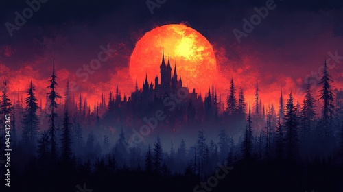 Halloween Background in minimal concept. Spooky castle, pastel sunset tones, flat design illustration, No logo, No Trademark, No text, minimal concept with copy space for stock photo