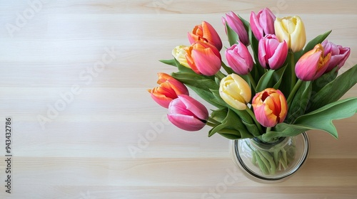 Top view of a bouquet of tulips in a glass vase on a light wooden surface