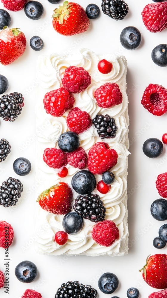 A dessert topped with various berries and cream, arranged elegantly on a white background. A dessert topped with various berries and cream, arranged elegantly on a white background.