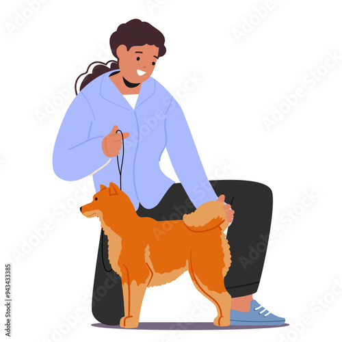 Female Owner Character Crouching Beside Calm And Well-groomed Dog During Dog Show Event, Cartoon Vector Illustration