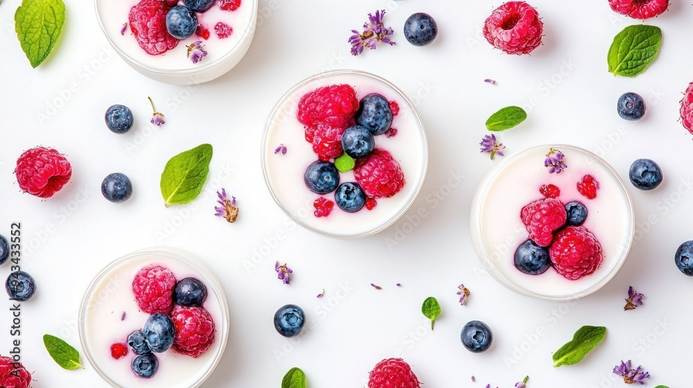 Four glass bowls of creamy white yogurt topped with fresh raspberries and blueberries, surrounded by scattered raspberries, blueberries, sprigs of mint and lavender flowers on a white background. Four glass bowls of creamy white yogurt topped with fresh raspberries and blueberries, surrounded by scattered raspberries, blueberries, sprigs of mint and lavender flowers on a white background.