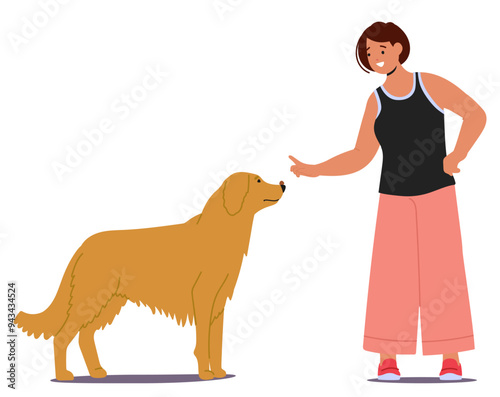 Woman Training A Dog Using Hand Commands. Female Character Appears Focused And The Dog Attentive