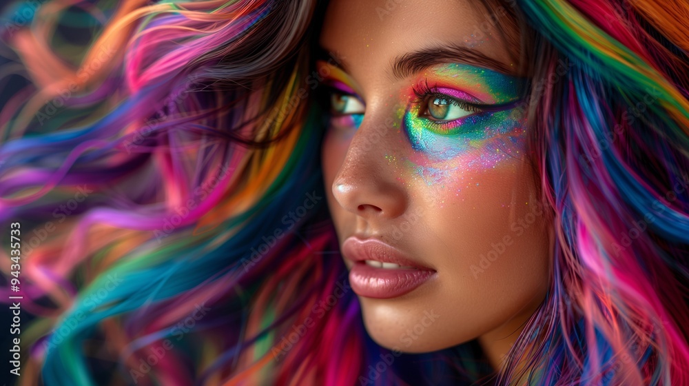 A close-up portrait of a young woman with vibrant, multicolored hair and striking makeup featuring bright colors and artistic designs. Her eyes are captivating A close-up portrait of a young woman with vibrant, multicolored hair and striking makeup featuring bright colors and artistic designs. Her eyes are captivating