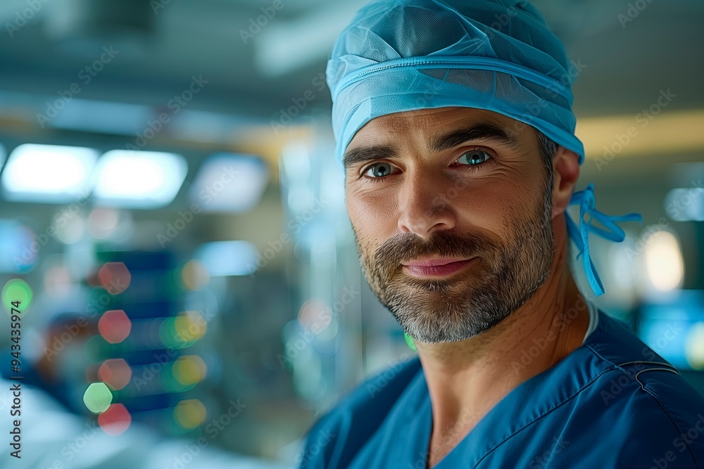 Surgeon in scrubs with a focused expression in a bright operating room. copy space for text, medical advertising, medic blog banner Surgeon in scrubs with a focused expression in a bright operating room. copy space for text, medical advertising, medic blog banner