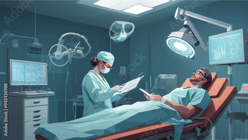 illustration of a doctor in the operating room reading patient data, low poly style