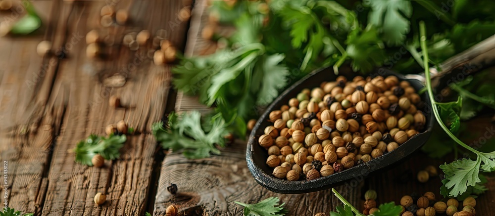 Close up photograph of a scoop filled with dried coriander seeds and green leaves on a wooden surface with ample copy space for an image Close up photograph of a scoop filled with dried coriander seeds and green leaves on a wooden surface with ample copy space for an image