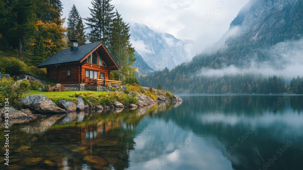 Fototapeta premium Cozy cabin with panoramic views of a calm lake surrounded by mountains, capturing tranquility and natural beauty.