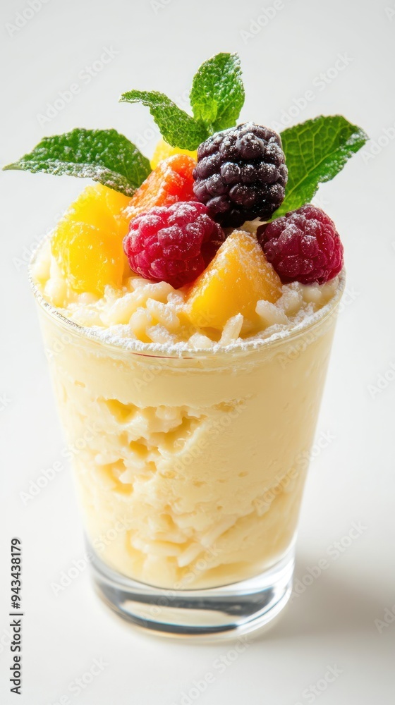 A glass of yellow pudding topped with fresh fruit and mint leaves, garnished with powdered sugar. A glass of yellow pudding topped with fresh fruit and mint leaves, garnished with powdered sugar.