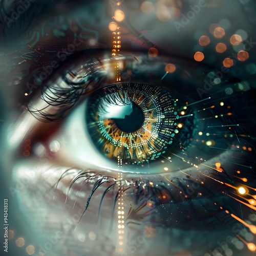 A close-up of a human eye with futuristic digital graphics overlaying the iris, perfect abstract concept for a tech-themed wallpaper or background best-seller 