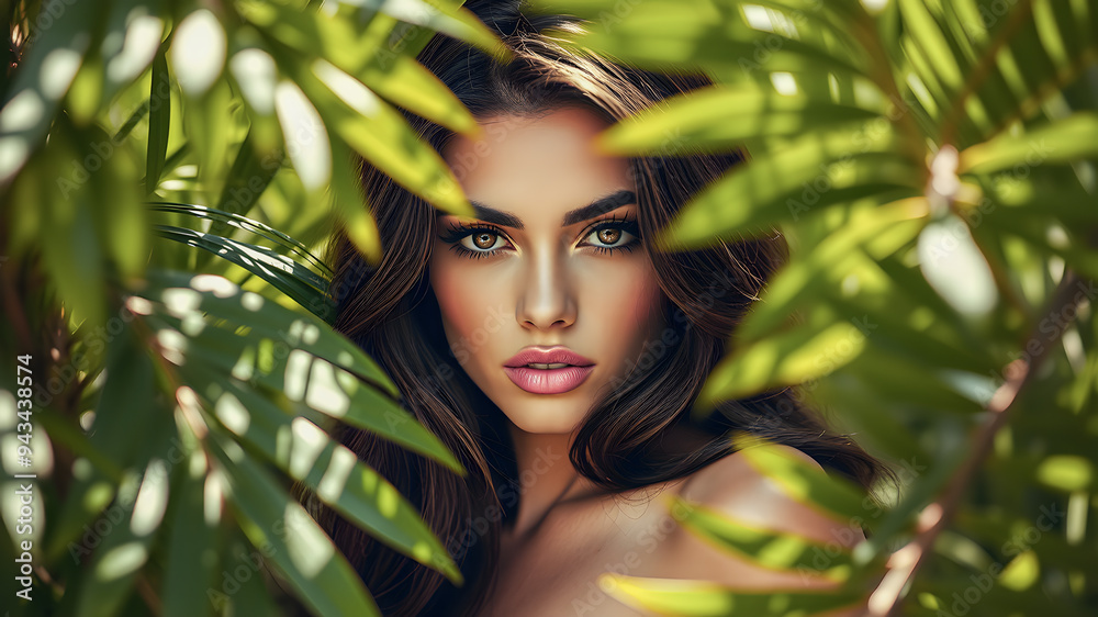Stunning portrait of tender woman looking out of palm leaves. Perfect eyes and face. closeup portrait of an attractive woman with brown hair, sexy smile and holding large tropical leaves in front. AI Stunning portrait of tender woman looking out of palm leaves. Perfect eyes and face. closeup portrait of an attractive woman with brown hair, sexy smile and holding large tropical leaves in front. AI