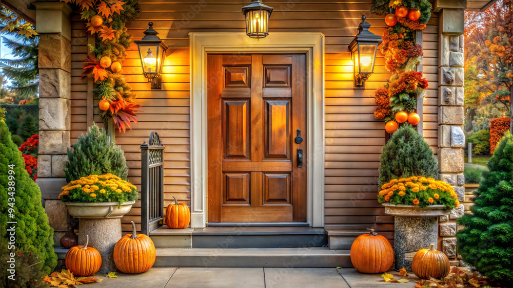 Obraz premium Welcoming front porch decorated with autumn flowers and pumpkins, cozy fall home entrance