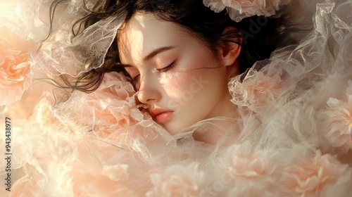 Creative portrait of a woman with flowing tulle flowers, highlighting a blend of beauty and delicate textures.