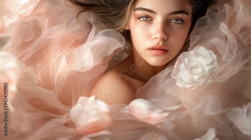 Creative portrait of a woman with flowing tulle flowers, highlighting a blend of beauty and delicate textures.