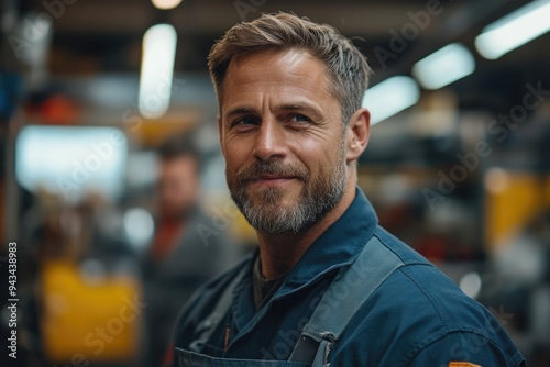 Mechanic in Overalls Advises Suit-Clad Customer on Vehicle Issues at Modern Auto Repair Shop