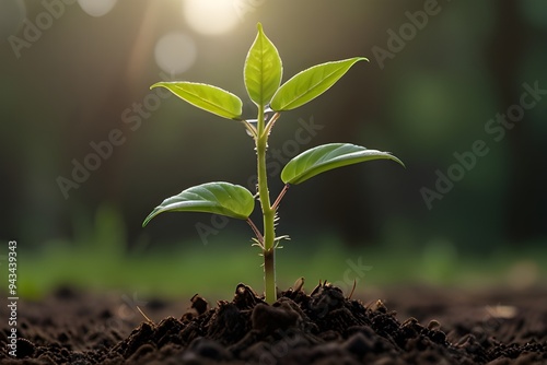 Young plant in the morning light on nature background, 16:9, high quality, copy space, concept: Growth Generative AI