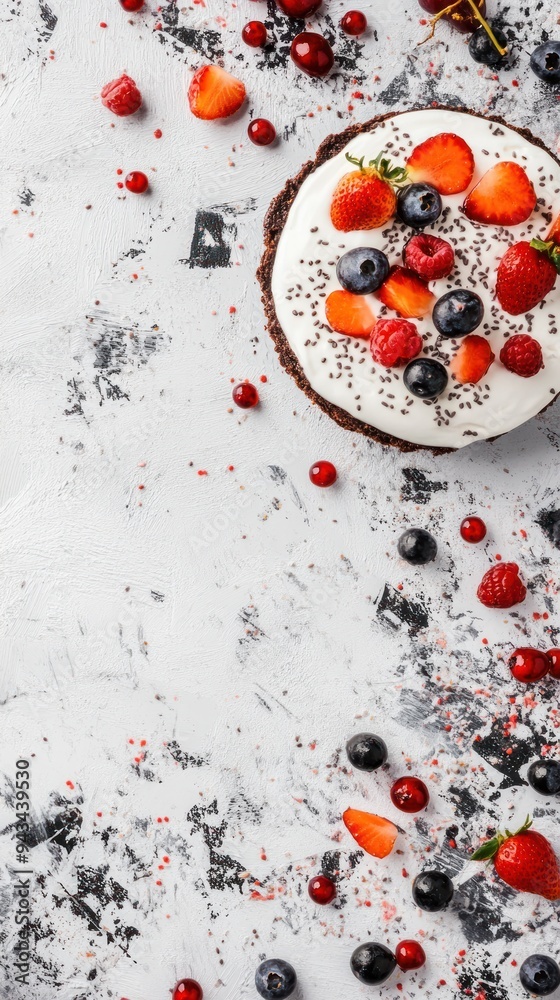 A chocolate cake topped with whipped cream, fresh berries, and chia seeds.
