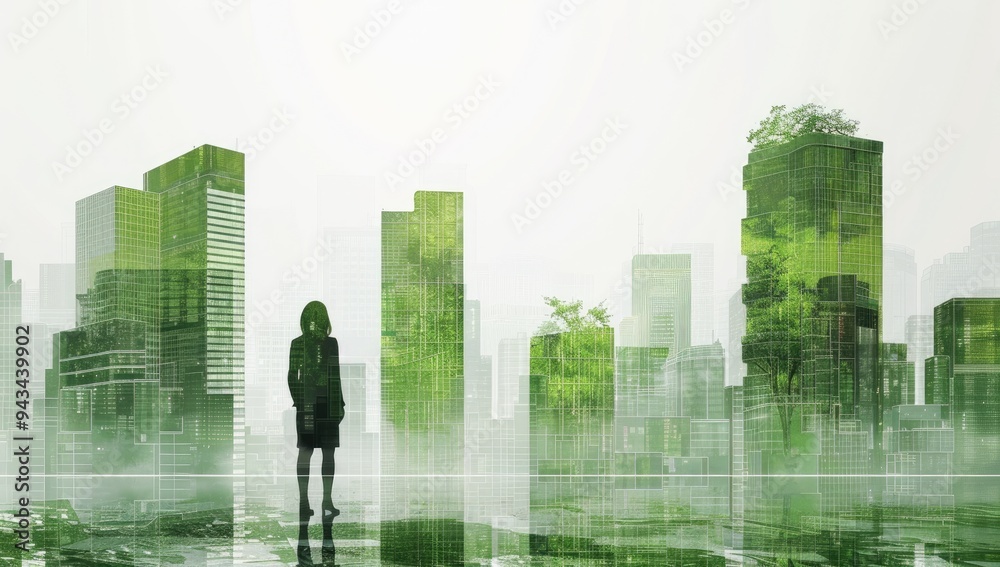 A person in business attire standing at the edge of an urban skyline, looking out over green sustainable buildings and technology elements floating above them. A person in business attire standing at the edge of an urban skyline, looking out over green sustainable buildings and technology elements floating above them.