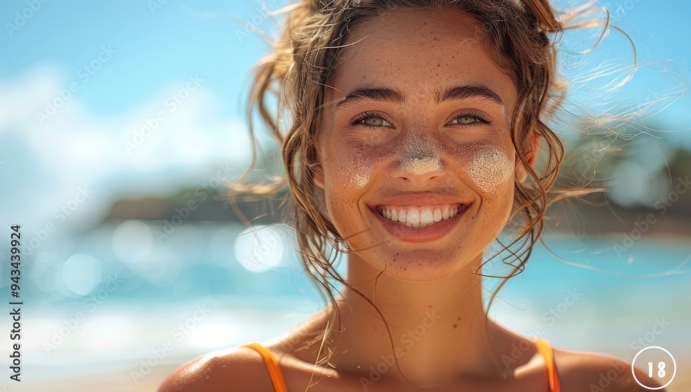 A beautiful woman smiles at the camera, her face is white with sunscreen on it and she has blonde hair in pigtails. She stands against a sunny beach background.