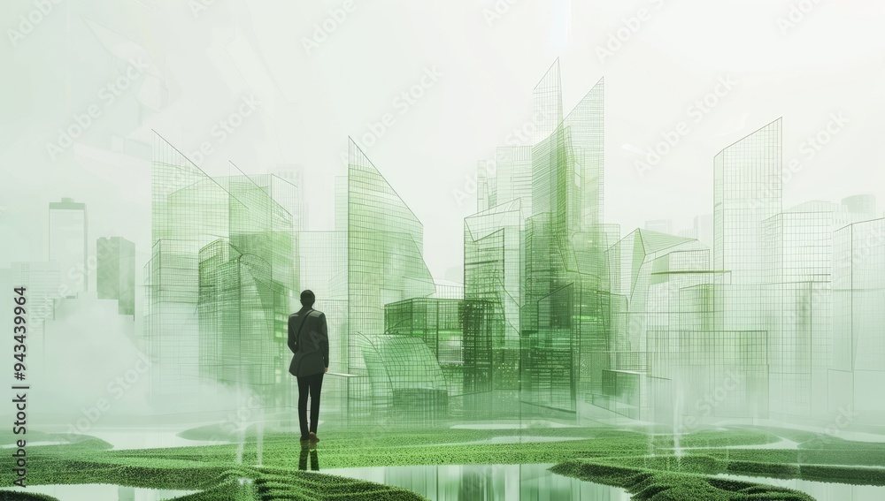 A person in business attire standing at the edge of an urban skyline, looking out over green sustainable buildings and technology elements floating above them. A person in business attire standing at the edge of an urban skyline, looking out over green sustainable buildings and technology elements floating above them.