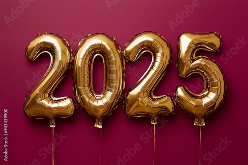 Gold foil balloons shaped like the numbers 2025 isolated on background